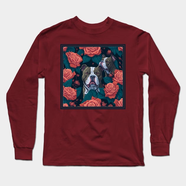 Dogs, pit bull and roses, dog, seamless print, style vector (red roses grey pit) Long Sleeve T-Shirt by xlhombat